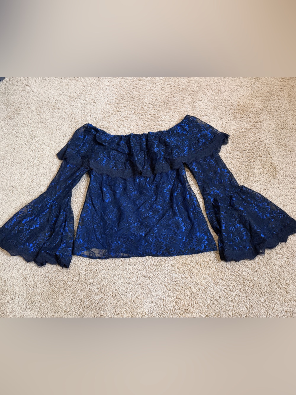 White House Black Market Navy Blue Off-Shoulder Lace Bell Sleeve Top